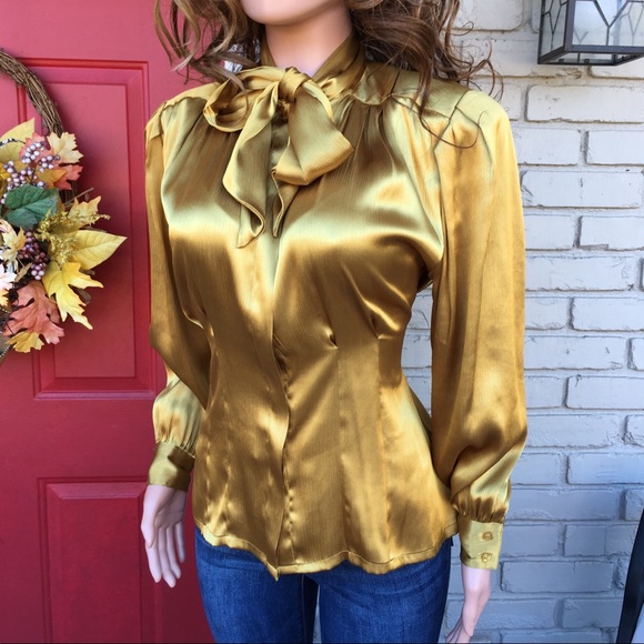 Laura Scott Tops - Yellow gold pussybow button up blouse