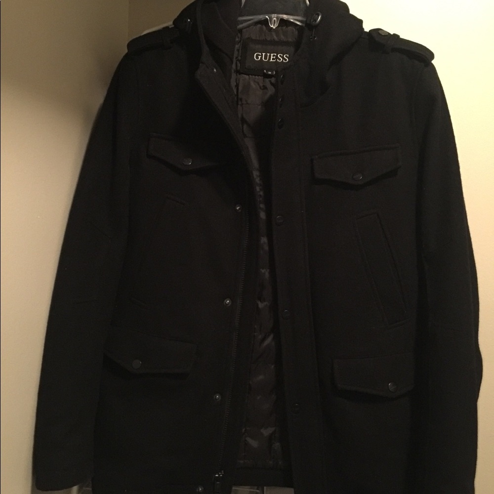 GUESS Black Wool Hooded Peacoat Sz M