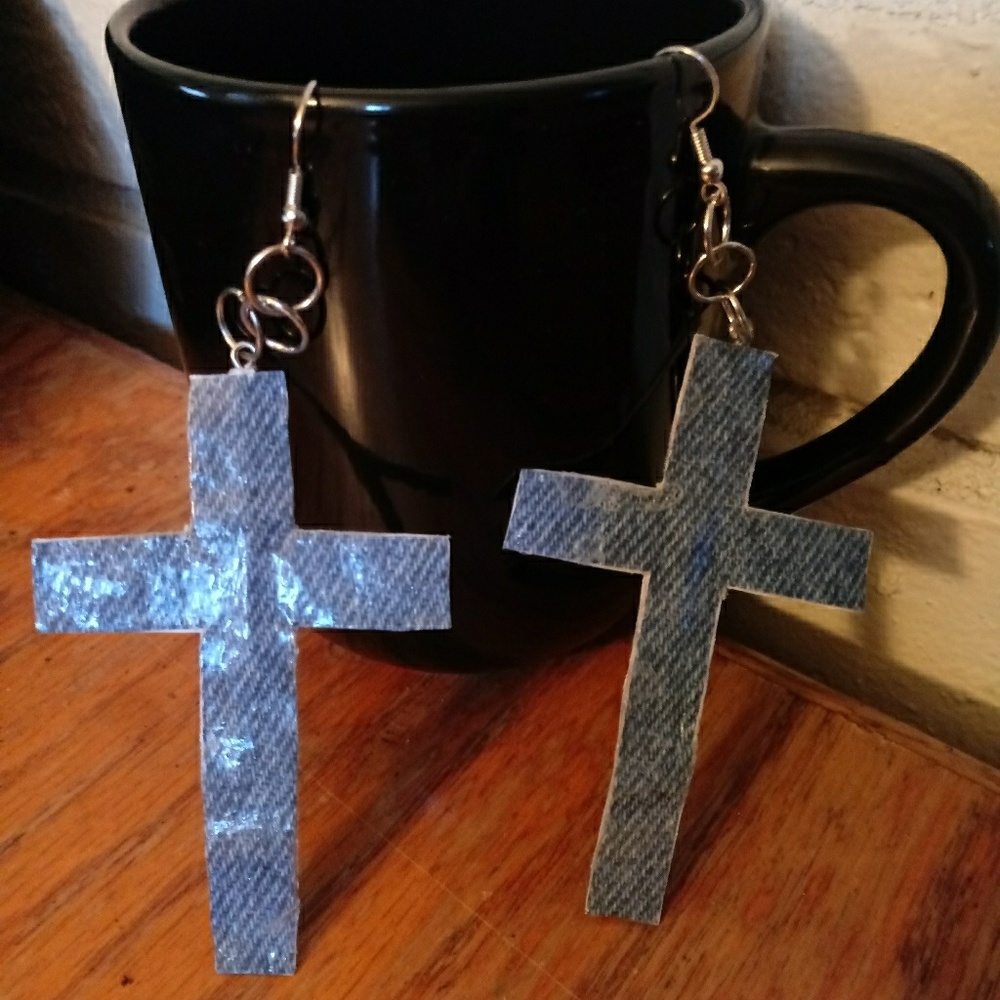 Faux Denim Cross Earrings