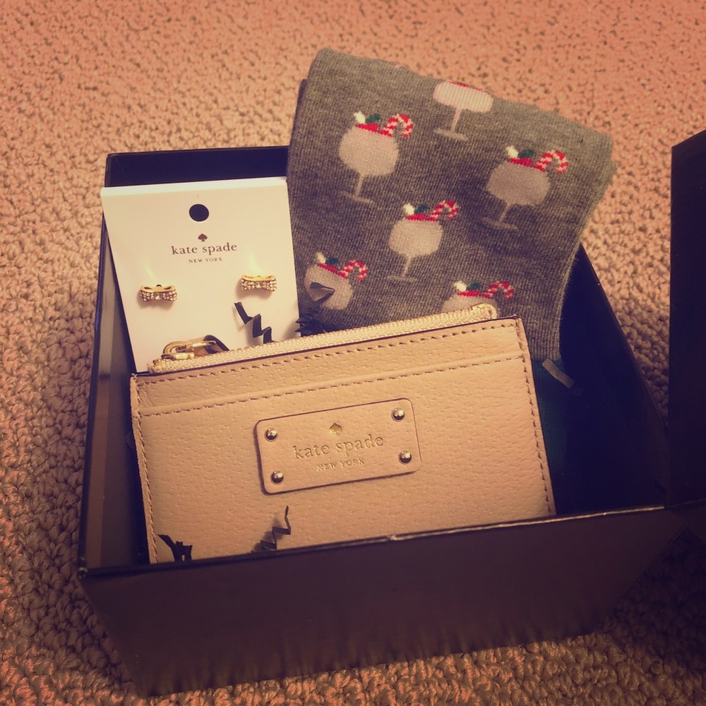 Kate Spade Glam Gift box! Earrings, wallet, socks