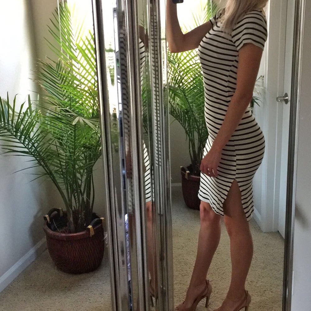 🔥SALE! Beige and Navy Blue Striped Dress