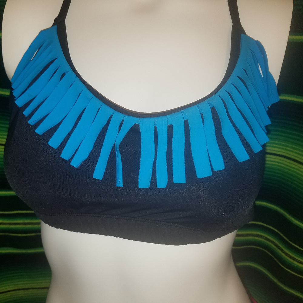Trendy Trends Black w/Blue Fringe Crop Top NWOT