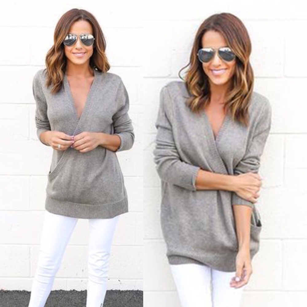 Oversized Surplice Wrap Front Knit Sweater Grey - Picture 2 of 7