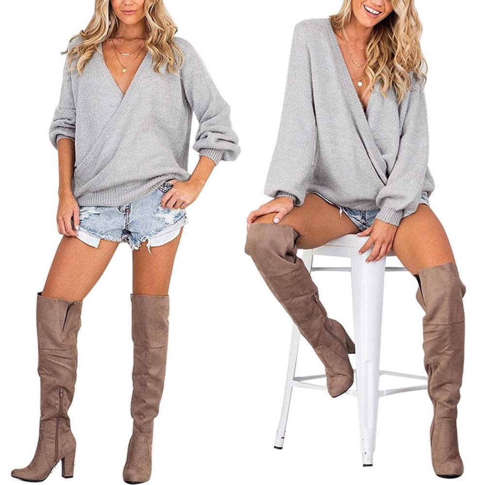 Oversized Surplice Wrap Front Knit Sweater Grey - Picture 3 of 7