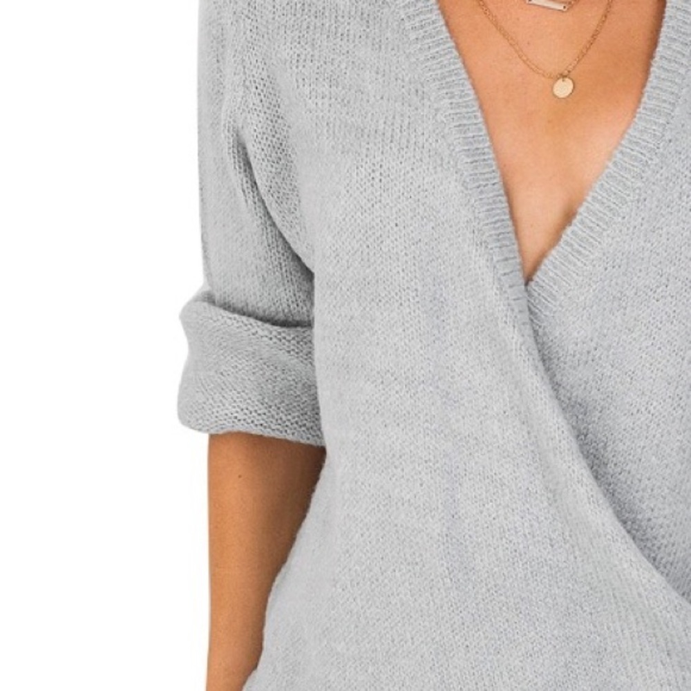 Oversized Surplice Wrap Front Knit Sweater Grey - Picture 4 of 7