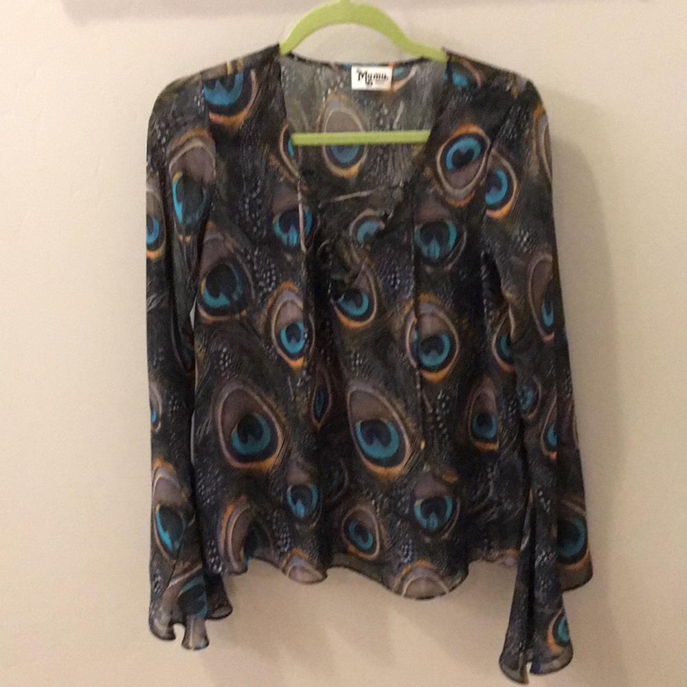 Peacock print bell sleeve sheer top