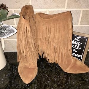 Camel Suede Wedge Fringe Booties