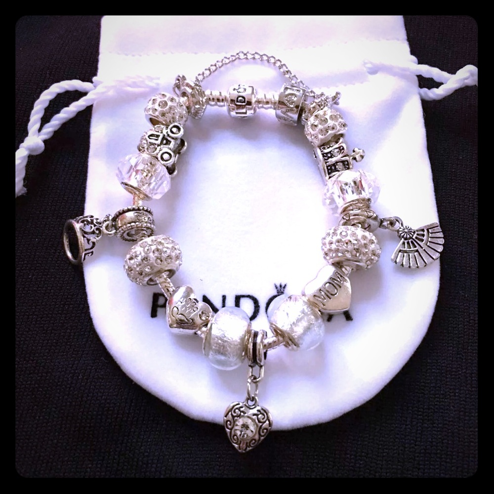 Pandora Engraved Bracelet with charms and pouch