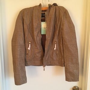 Vegan leather khaki / tan jacket with zip off hood
