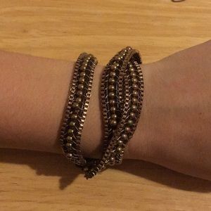 Brown leather and gold beaded wrap bracelet