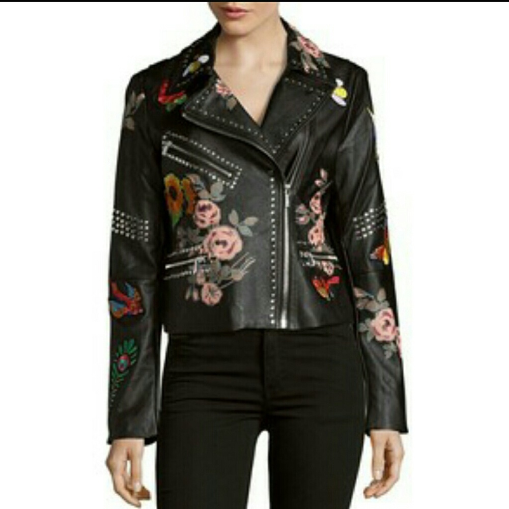 Flower printed patched leather bagatelle jacket