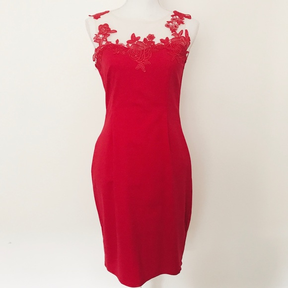 Red Lace Trim Pencil Dress - Picture 1 of 4