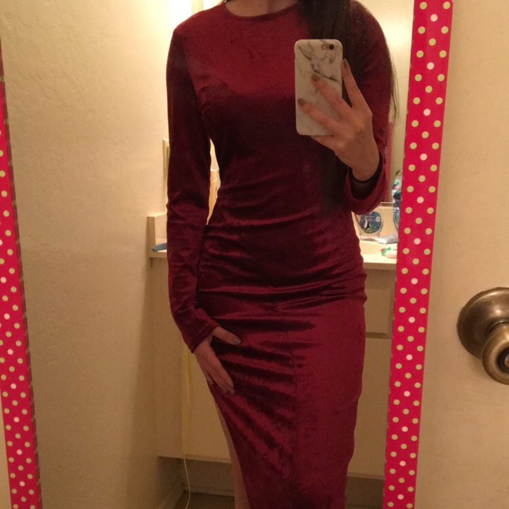 Red velvet long sleeve floor length dress