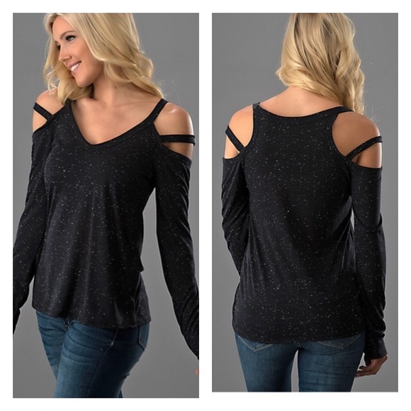 Last 1💥 Black Cold Shoulder speckled V Neck Top - Picture 2 of 2