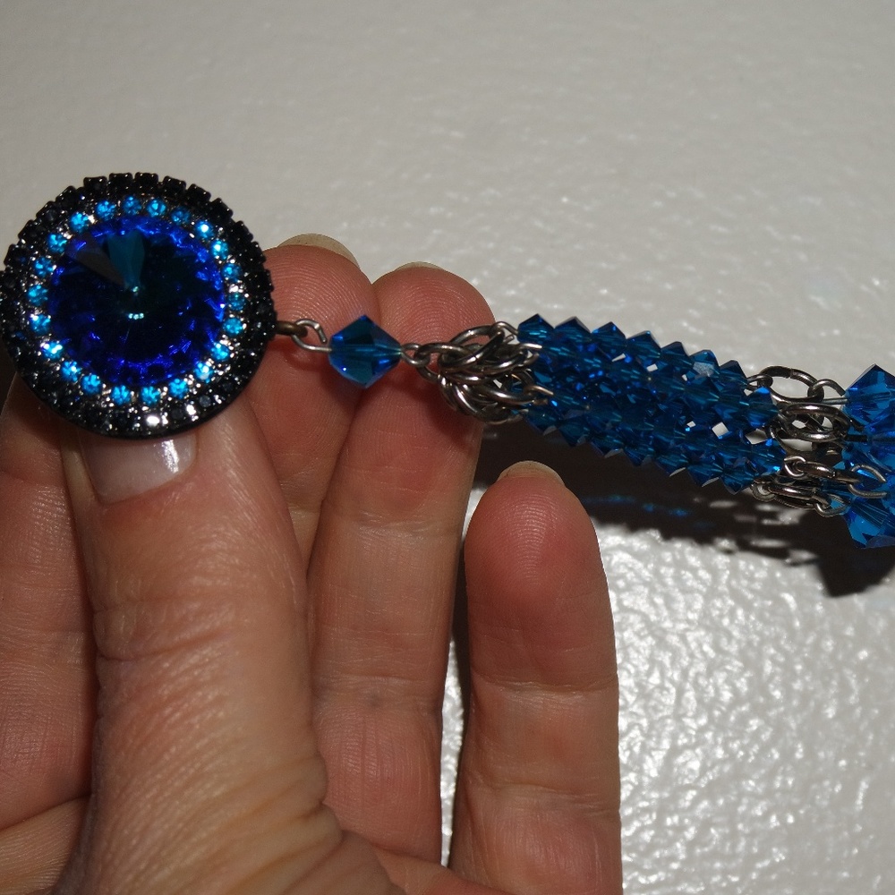 SAPPHIRE BLUE RIVOLI GLASS DANGLE  EARRINGS 3 3/4'