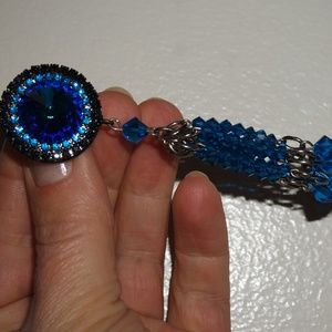 SAPPHIRE BLUE RIVOLI GLASS DANGLE  EARRINGS 3 3/4'