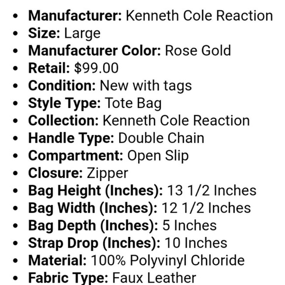 MSRP $99 Kenneth Cole LG Rose Gold tote Chain - Picture 5 of 6