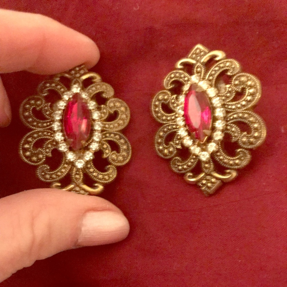 Ruby & crystal gold pierced large marquis Fabulous earrings jewelry NWT Vintage