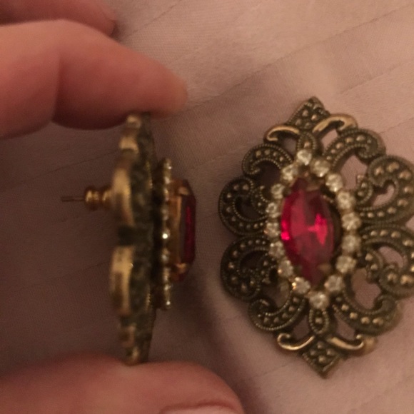 Fabulous ruby & crystal gold pierced large marquis earrings Vintage - Picture 4 of 5