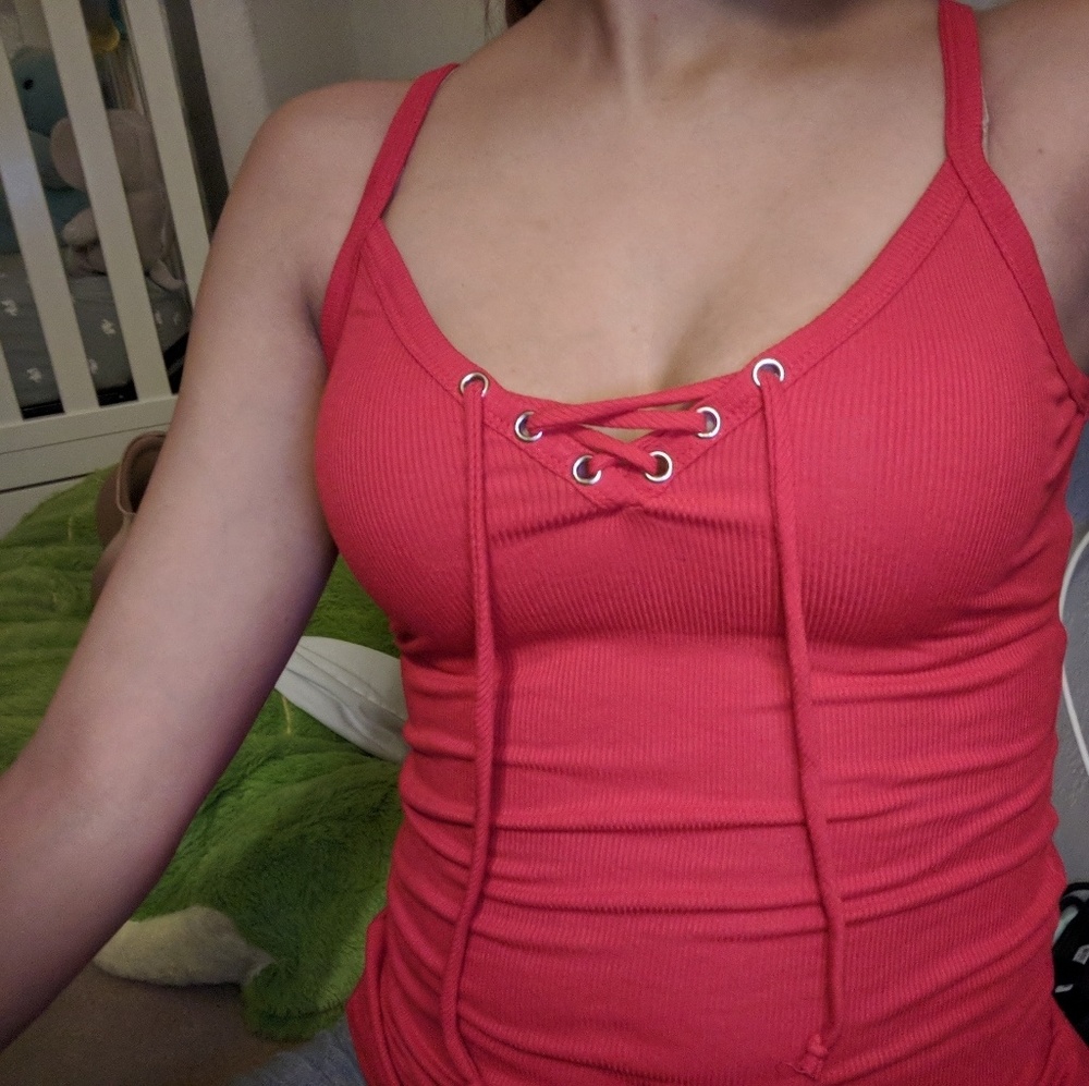 Red lace-up tank top