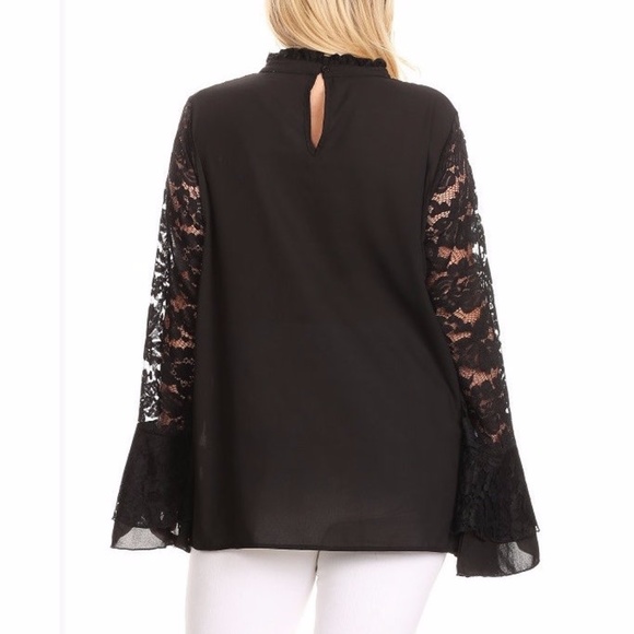 Plus Black Lace Ruffle Bell Sleev Shirt Blouse Top - Picture 3 of 3