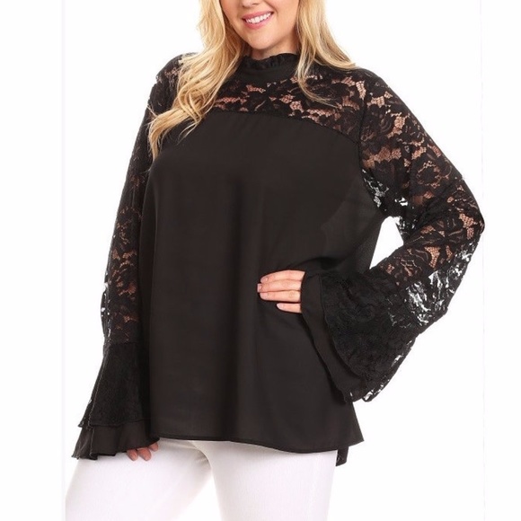 Tops - Plus Black Lace Ruffle Bell Sleev Shirt Blouse Top