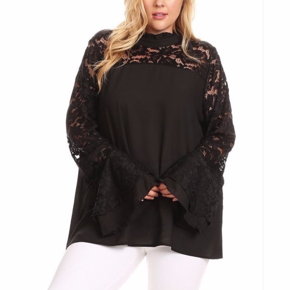 Plus Black Lace Ruffle Bell Sleev Shirt Blouse Top - Picture 2 of 3