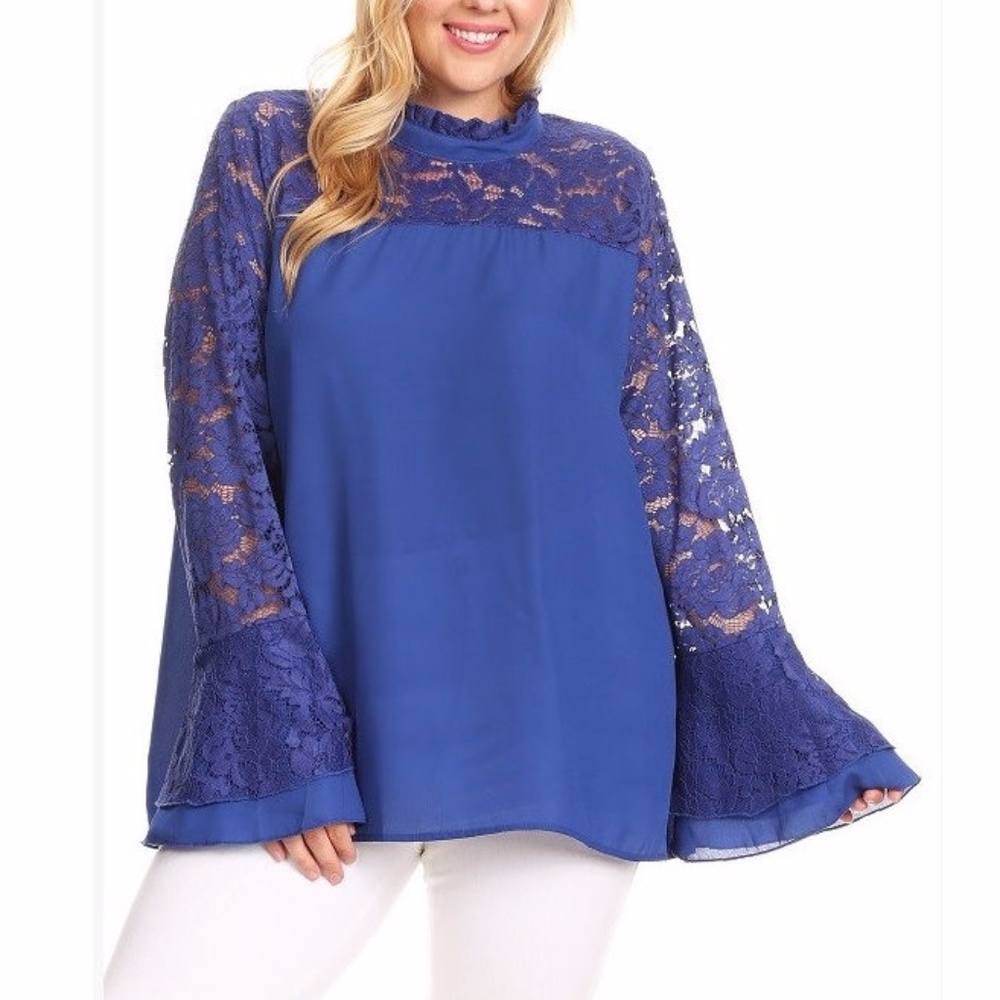 Royal Blue Lace Ruffle Bell Sleev Shirt Blouse Top - Picture 1 of 3