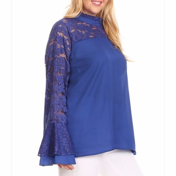 Royal Blue Lace Ruffle Bell Sleev Shirt Blouse Top - Picture 2 of 3