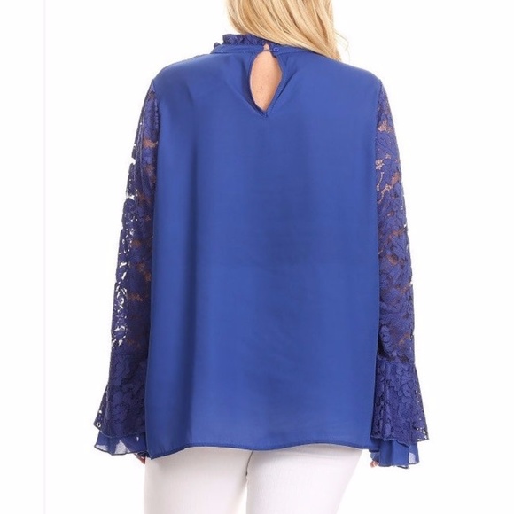 Royal Blue Lace Ruffle Bell Sleev Shirt Blouse Top - Picture 3 of 3