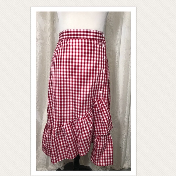Vintage Dresses & Skirts - Red & White Gingham Ruffled Button Up Skirt