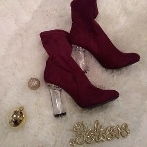 Wine colored clear heeled booties