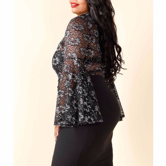 Plus Black Silver Lace Bell Sleeve Blouse Top - Picture 7 of 7