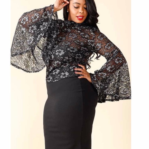 Tops - Plus Black Silver Lace Bell Sleeve Blouse Top