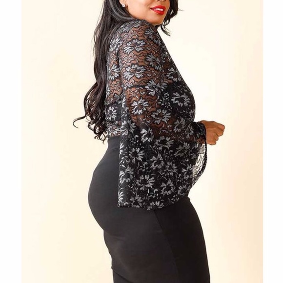 Plus Black Silver Lace Bell Sleeve Blouse Top - Picture 6 of 7