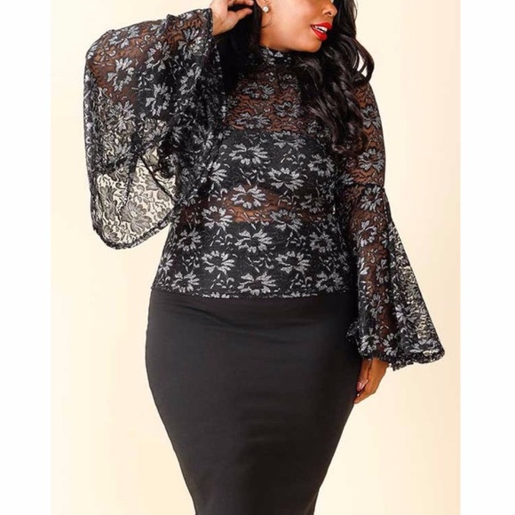Plus Black Silver Lace Bell Sleeve Blouse Top - Picture 5 of 7