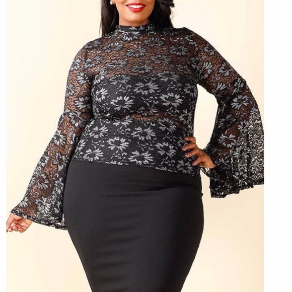 Plus Black Silver Lace Bell Sleeve Blouse Top - Picture 2 of 7