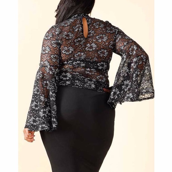Plus Black Silver Lace Bell Sleeve Blouse Top - Picture 4 of 7