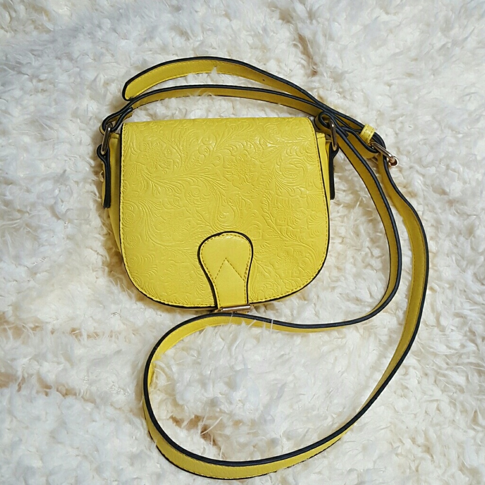 Yellow crossbody purse hand tooled like