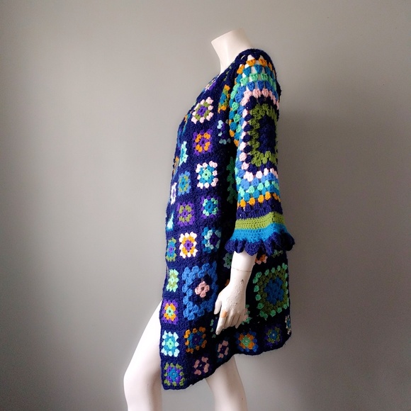 VTG Peacock Rainbow Granny Square Cardigan Coat
