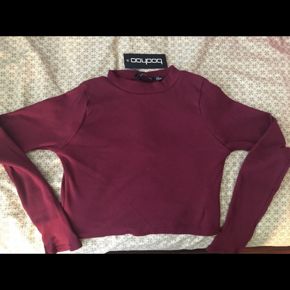 Boohoo ribbed burgundy/wine long sleeve crop top