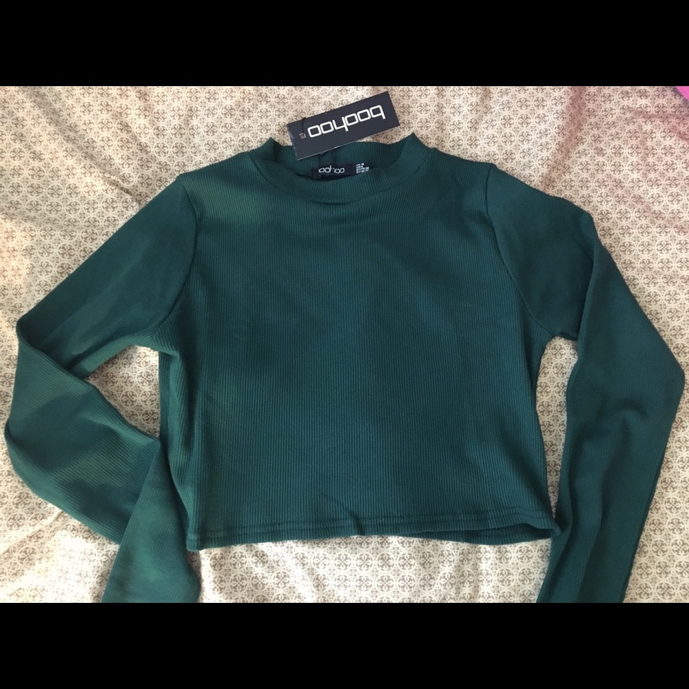 Boohoo ribbed forest green long sleeve crop top