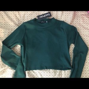 Boohoo ribbed forest green long sleeve crop top