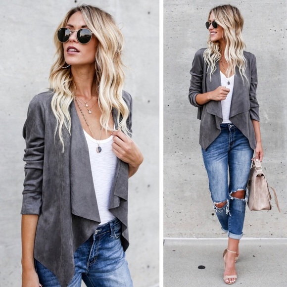 Jackets & Blazers - Grey Vegan Suede Draped Jacket Blazer