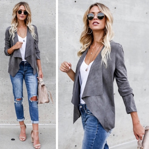 Grey Vegan Suede Draped Jacket Blazer - Picture 2 of 8
