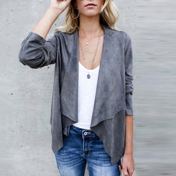Grey Vegan Suede Draped Jacket Blazer - Picture 4 of 8
