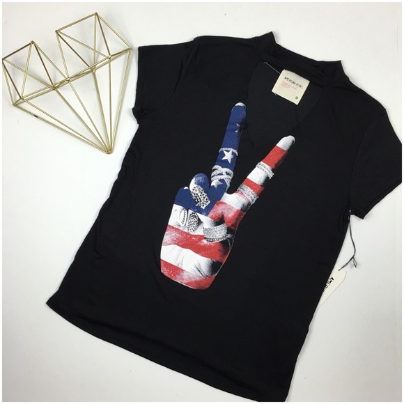 American Flag Peace Sign Silver Stones Black V-Neck Top - Picture 2 of 7