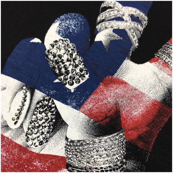 American Flag Peace Sign Silver Stones Black V-Neck Top - Picture 3 of 7