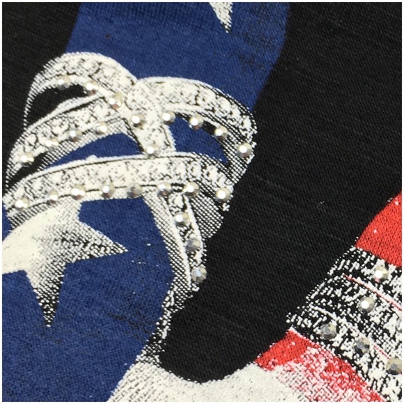 American Flag Peace Sign Silver Stones Black V-Neck Top - Picture 4 of 7