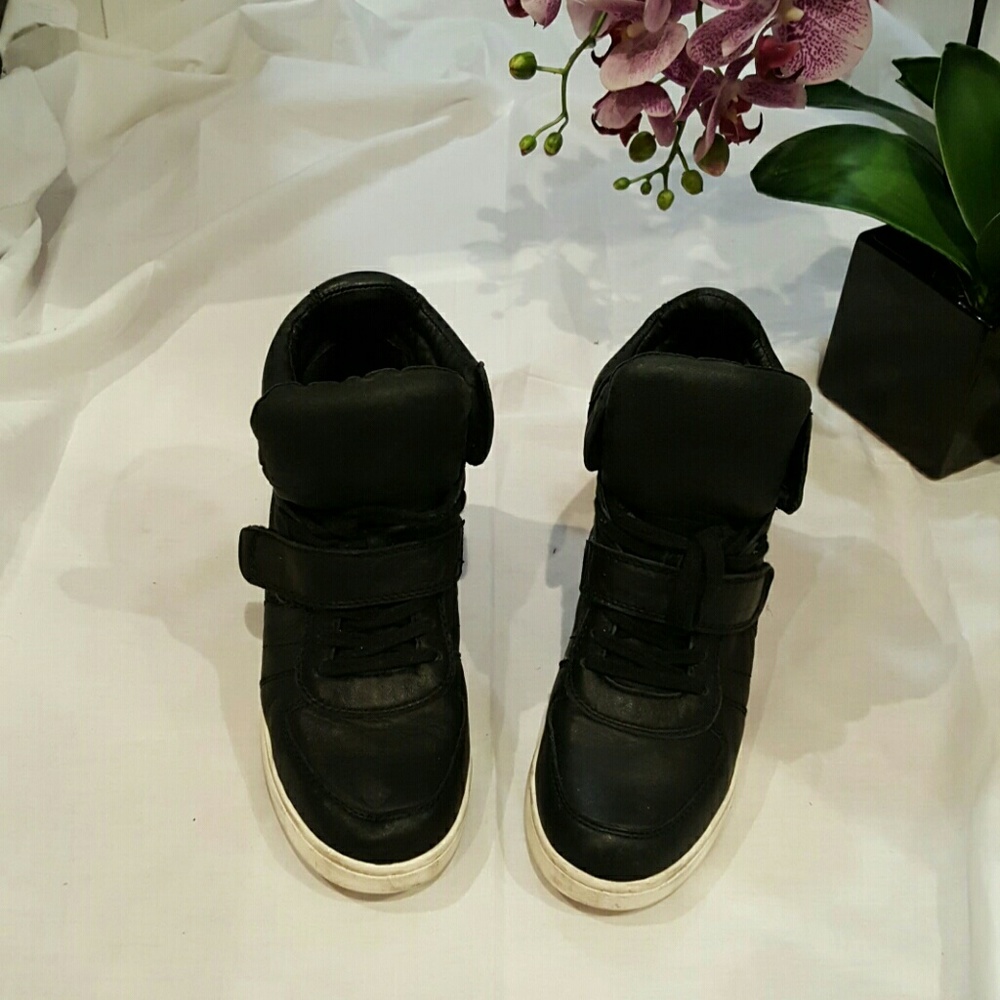 Black high top leather wedge sneakers